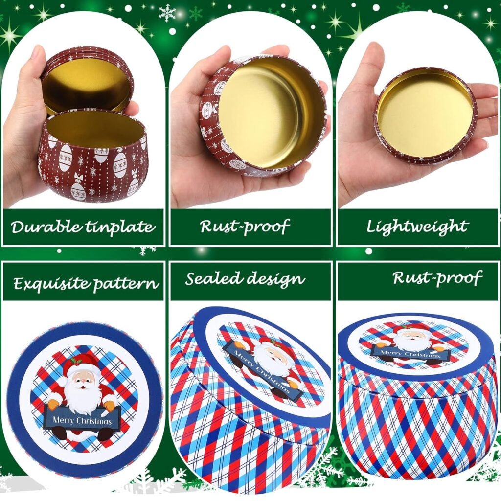 Yungyan Christmas Candle Tin Cans Set Metal Candles Tin Gifts Jars with Lids 8 oz Christmas Cookie Tins Candle Containers for Storing Biscuits Tea Party Favors(24 Pcs)