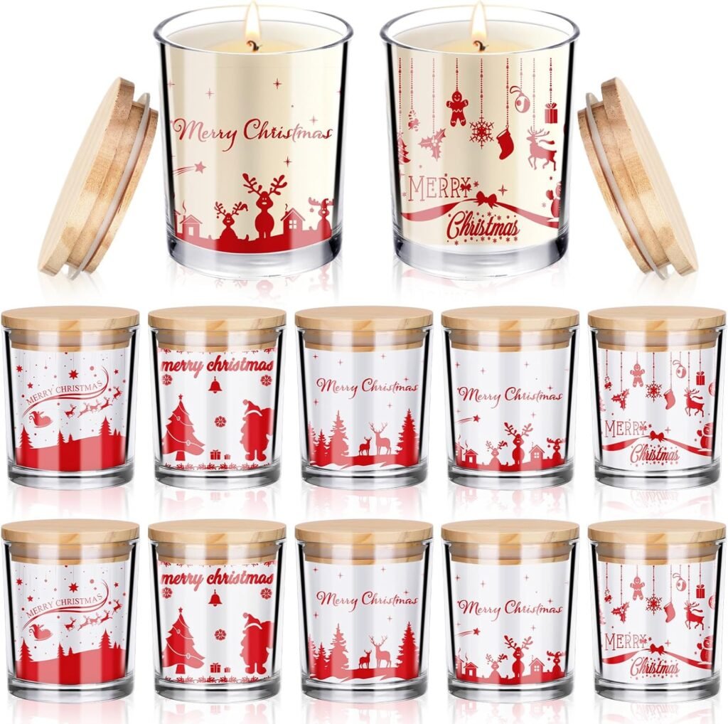 Ziliny 10 Pcs Christmas Glass Candle Jars Empty Containers Bulk 7 oz Glass Jars with Cork Lids Tins for Candle Making Storing Biscuits Tea Party Favors(Christmas)