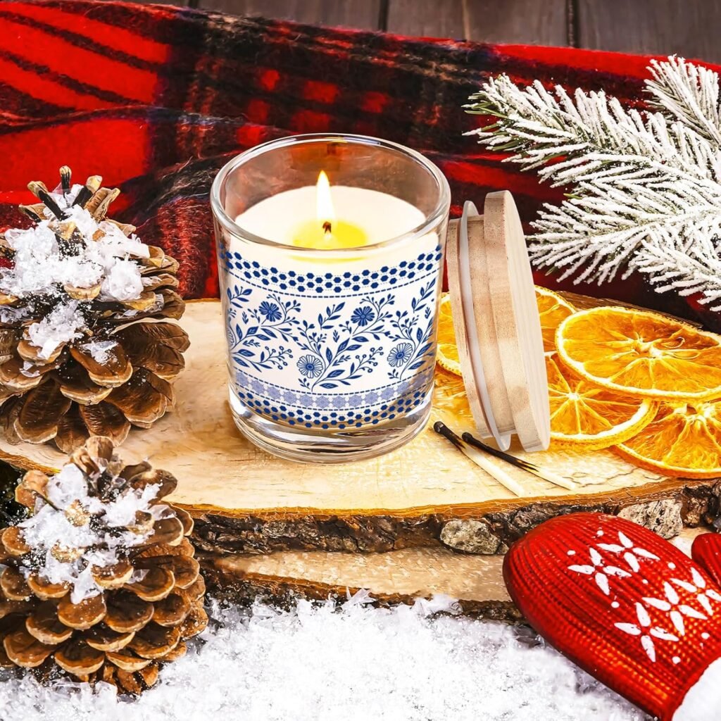 Ziliny 10 Pcs Christmas Glass Candle Jars Empty Containers Bulk 7 oz Glass Jars with Cork Lids Tins for Candle Making Storing Biscuits Tea Party Favors(Christmas)