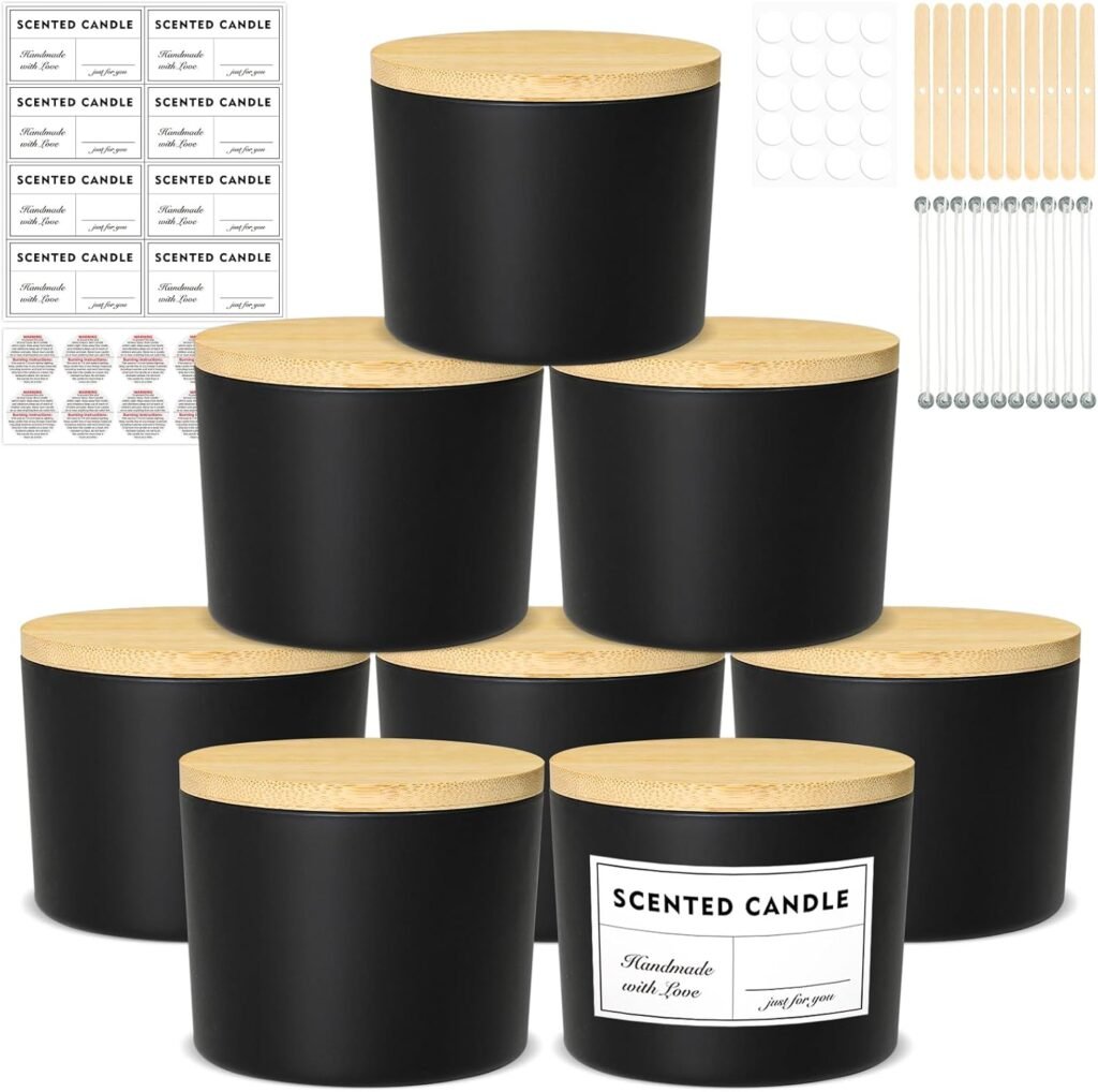 12oz Candle Jars, 8 Pack Large Black Glass Empty Candle Jars for Candle Makings with Bamboo Lids and Wick Kit, Multiple Wick Wide Mouth Candle Container Bulk, Ideal for Candle Business