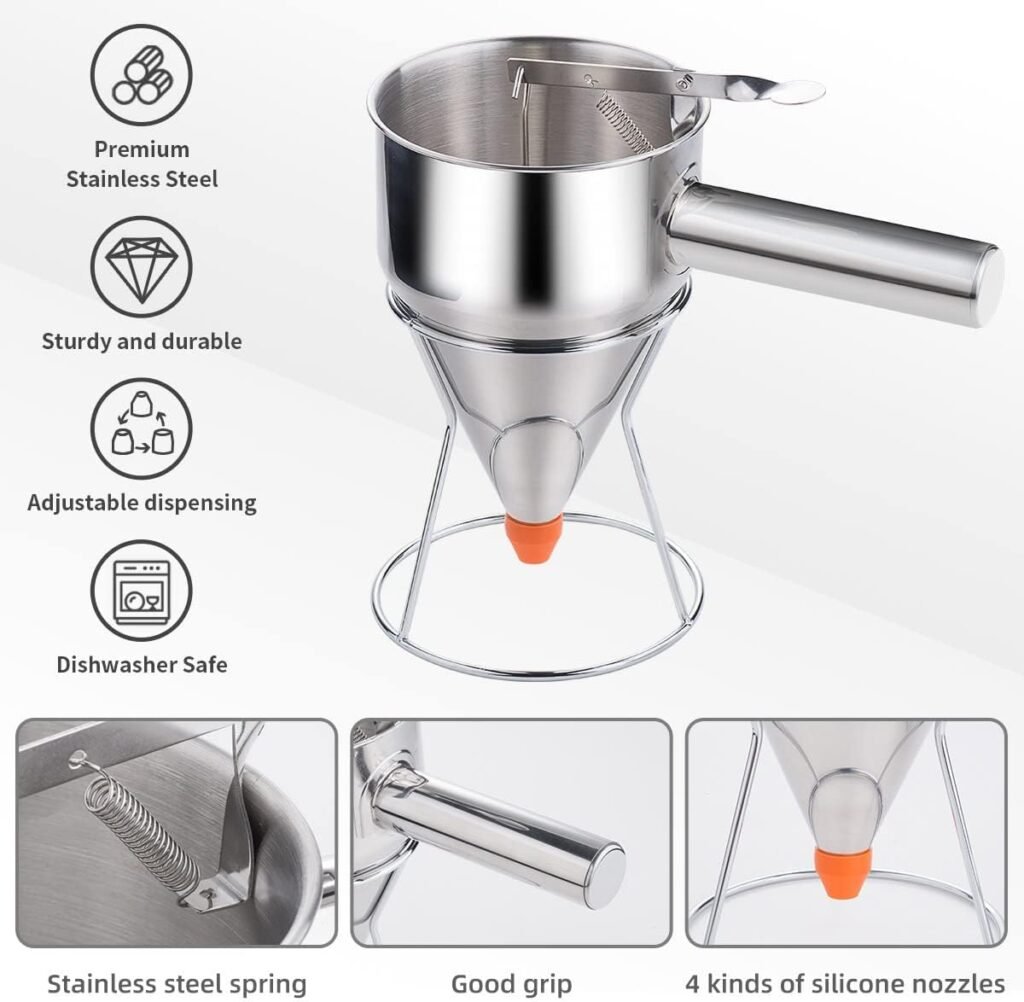 20oz Pancake Batter Dispenser, Multi-Caliber Stainless Steel Funnel Cake Dispenser with Stand Great for Pancakes, Cupcakes or Any Baked Goods