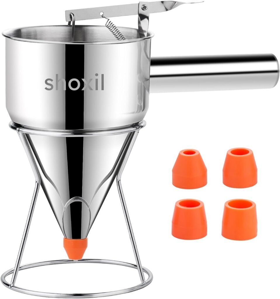 20oz Pancake Batter Dispenser, Multi-Caliber Stainless Steel Funnel Cake Dispenser with Stand Great for Pancakes, Cupcakes or Any Baked Goods