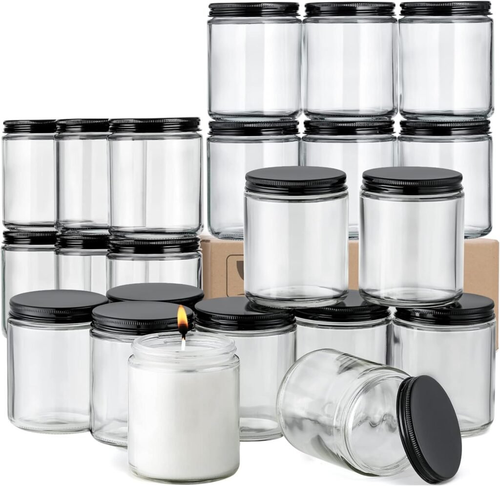 24 Pack, 8 OZ Thick Glass Jars with Metal Lids, Clear Round Candle Making Jars,Empty Food Storage Containers, Mason Canning Jar For Spice, Powder, Liquid, Sample, Lotion, Cosmetic,Dishwasher Safe