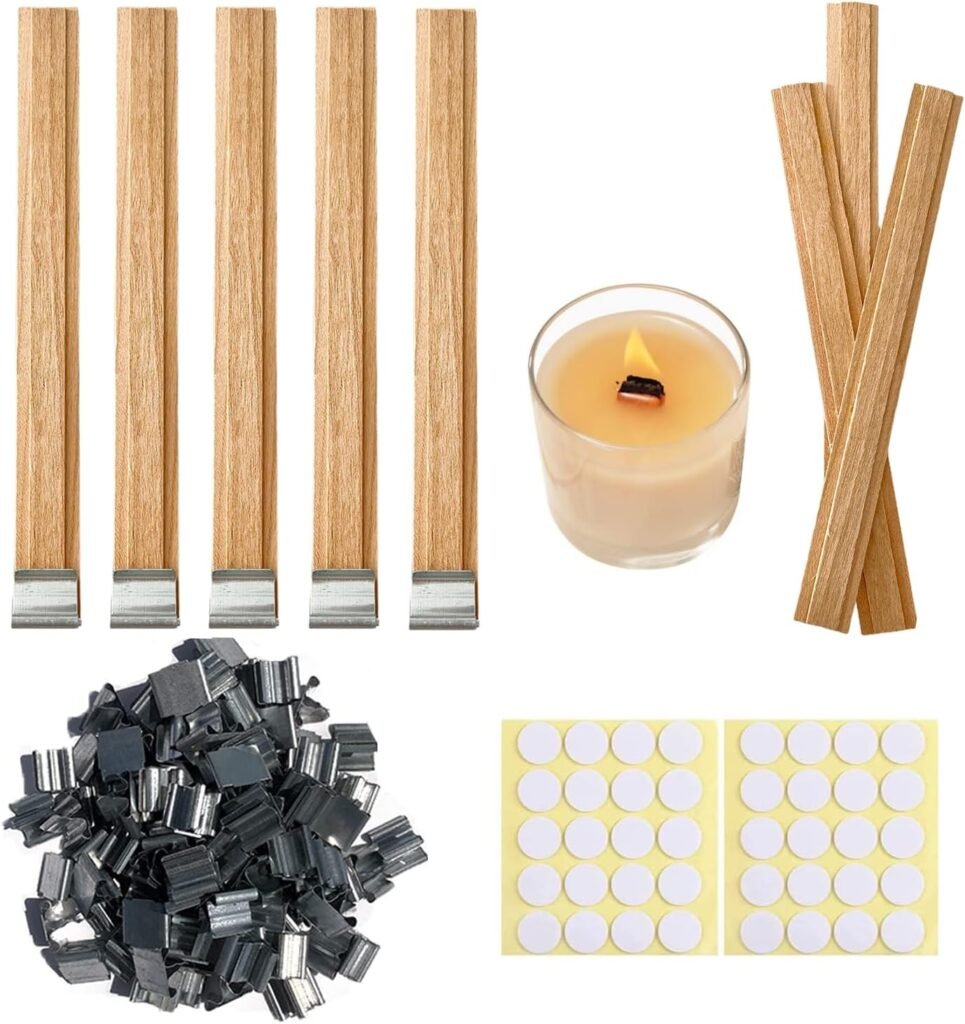 30 Sets Double-Layered Smokeless Cherry Wood Candle Wicks, Long Lasting Flame, Easily Burn, Candle Cores with Stand and Glue Dot, Warning Label for DIY Candle Making
