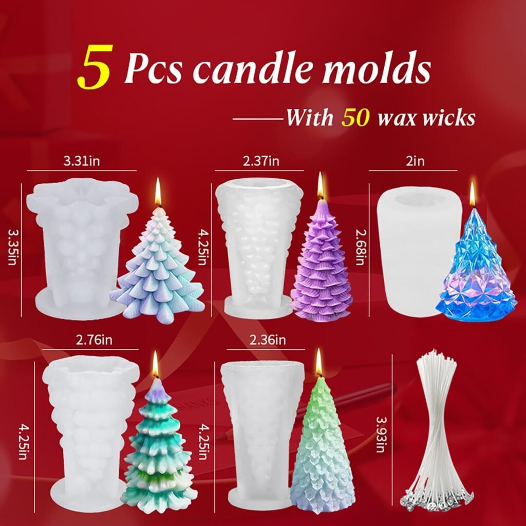 5PCS 3D Christmas Tree Silicone Candle Soap Epoxy Resin Wax Mold Silicone Shapes Christmas Tree Mold for Candle Resin Soap Craft Cake Chocolate Making Kit Christmas Gift Home Party Decoration