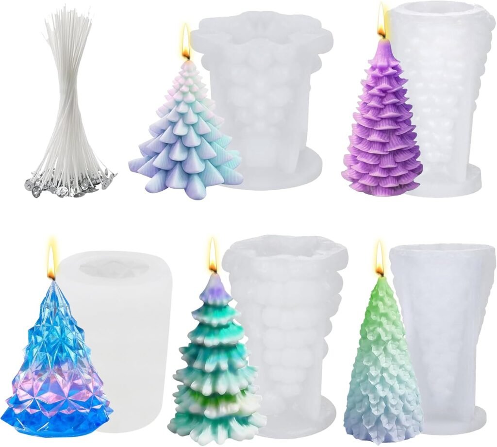5PCS 3D Christmas Tree Silicone Candle Soap Epoxy Resin Wax Mold Silicone Shapes Christmas Tree Mold for Candle Resin Soap Craft Cake Chocolate Making Kit Christmas Gift Home Party Decoration