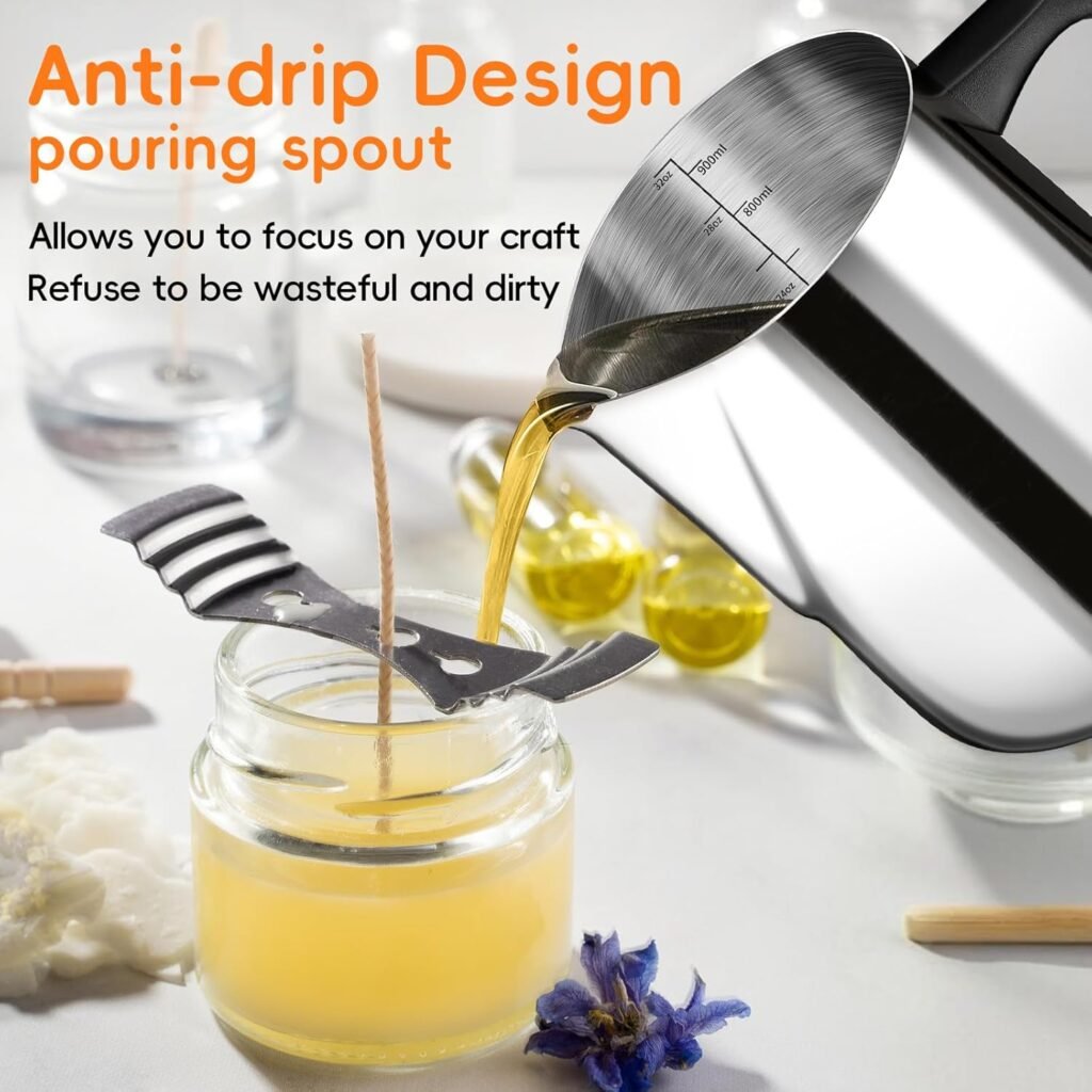 Candle Making Pouring Pot, 32oz Stainless Steel Wax Melting Pot with Heat-Resistant Handle, Double Boiler Candle Making Pitcher with Dripless Pouring Spout Design