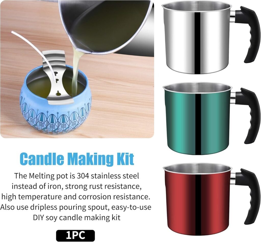 Candle Making Pouring Pot, DINGPAI 44oz Double Boiler Wax Melting Pot, 1pc Spoon, 304 Stainless Steel Candle Making Pitcher, Silver Color with Heat-Resistant Handle and Dripless Pouring Spout Design