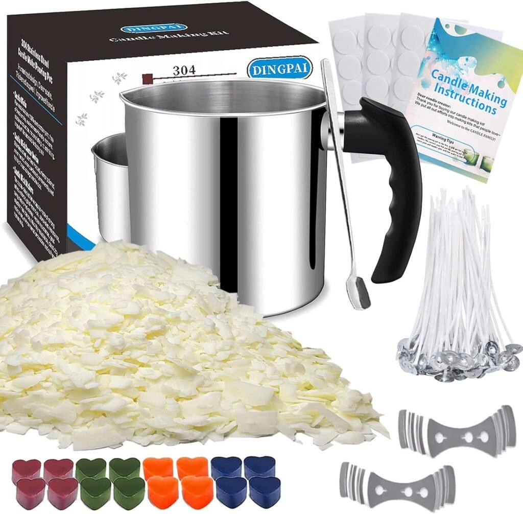 Candle Making Pouring Pot, DINGPAI 44oz Double Boiler Wax Melting Pot, 1pc Spoon, 304 Stainless Steel Candle Making Pitcher, Silver Color with Heat-Resistant Handle and Dripless Pouring Spout Design