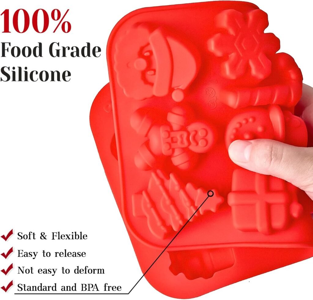 Christmas Chocolate Molds, 2PCS Silicone Candy Molds Santa Clause Christmas Tree Snowman Gingerbread Man Baking Molds for Jellies, Candies, Ice Cubes, Wax Melts, Soaps, Candles