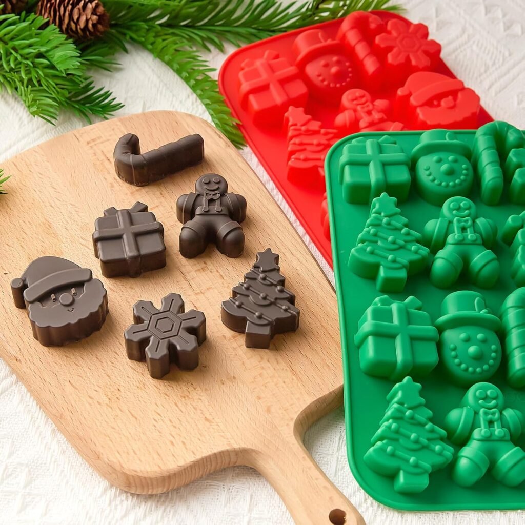Christmas Chocolate Molds, 2PCS Silicone Candy Molds Santa Clause Christmas Tree Snowman Gingerbread Man Baking Molds for Jellies, Candies, Ice Cubes, Wax Melts, Soaps, Candles