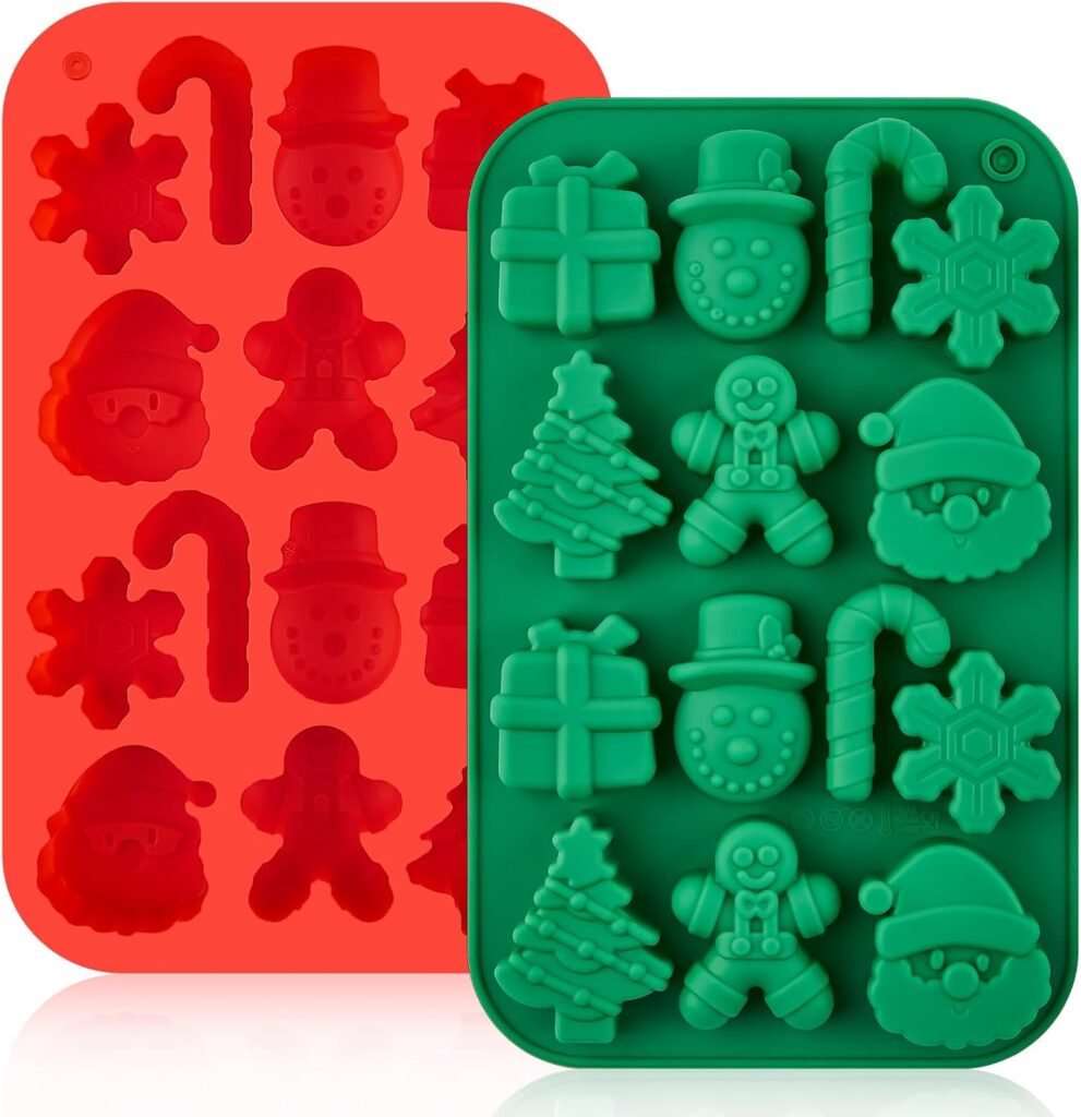 Christmas Chocolate Molds, 2PCS Silicone Candy Molds Santa Clause Christmas Tree Snowman Gingerbread Man Baking Molds for Jellies, Candies, Ice Cubes, Wax Melts, Soaps, Candles