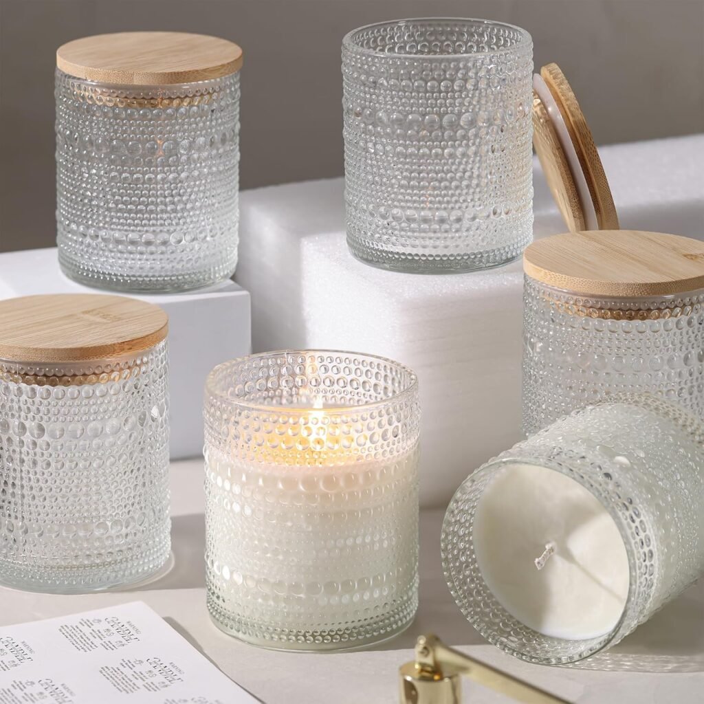 DEVI 14oz Large Clear Glass Candle Jars for Making Candles (6 Pack), Bulk Empty Glass Candle Jars with Bamboo Lids, Bulk Empty Glass Containers, Candle Vessels for Candle Making Supplies, Home Decor
