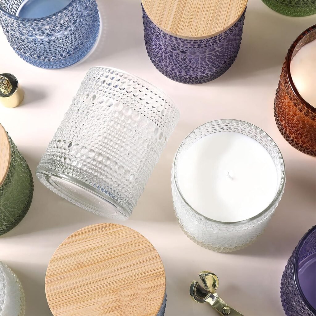 DEVI 14oz Large Clear Glass Candle Jars for Making Candles (6 Pack), Bulk Empty Glass Candle Jars with Bamboo Lids, Bulk Empty Glass Containers, Candle Vessels for Candle Making Supplies, Home Decor