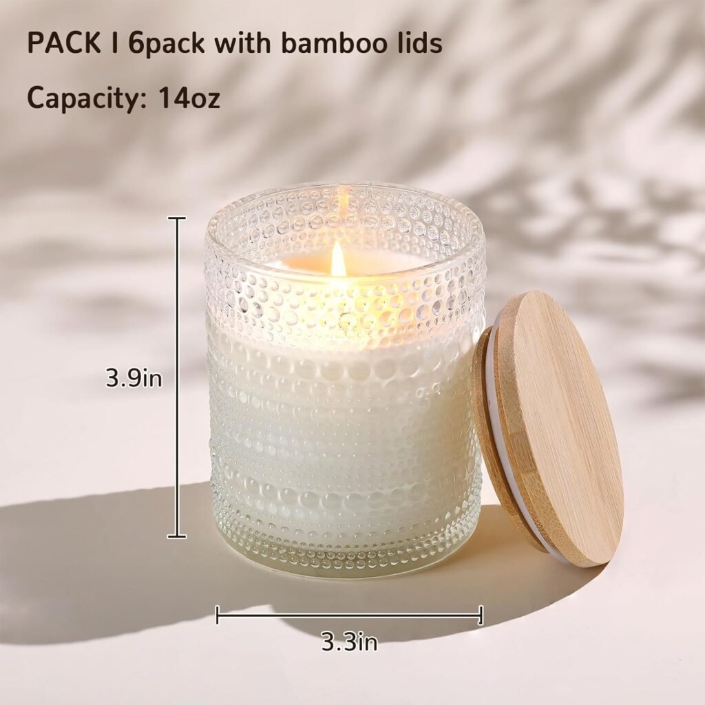 DEVI 14oz Large Clear Glass Candle Jars for Making Candles (6 Pack), Bulk Empty Glass Candle Jars with Bamboo Lids, Bulk Empty Glass Containers, Candle Vessels for Candle Making Supplies, Home Decor