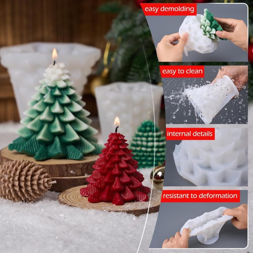 KDW Soy Wax Beads for Candle Making Christmas Tree Silicone Mold Large+Small 3D Candle Molds and Pine Cone Silicone Mould Accessories Set Christmas Gift for Friends and Family