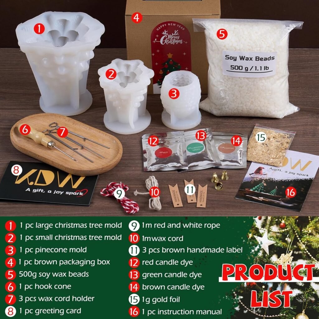 KDW Soy Wax Beads for Candle Making Christmas Tree Silicone Mold Large+Small 3D Candle Molds and Pine Cone Silicone Mould Accessories Set Christmas Gift for Friends and Family