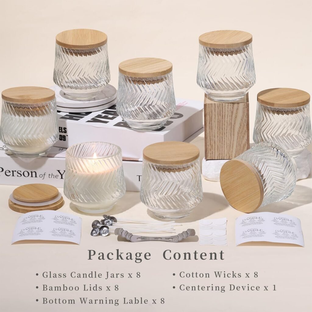 LAMORGIFT 8 Pcs 7 OZ Pink Candle Jars for Making Candles, Ribbed Unique Candle Jars, Glass Jars with Bamboo Lids and Labels for Candle Making Supplies, Container, Pink Table Decor