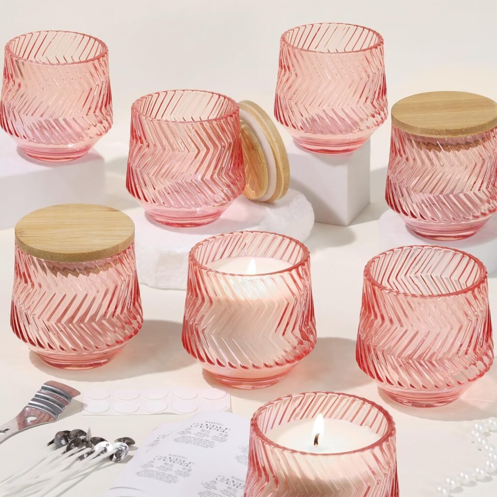 LAMORGIFT 8 Pcs 7 OZ Pink Candle Jars for Making Candles, Ribbed Unique Candle Jars, Glass Jars with Bamboo Lids and Labels for Candle Making Supplies, Container, Pink Table Decor