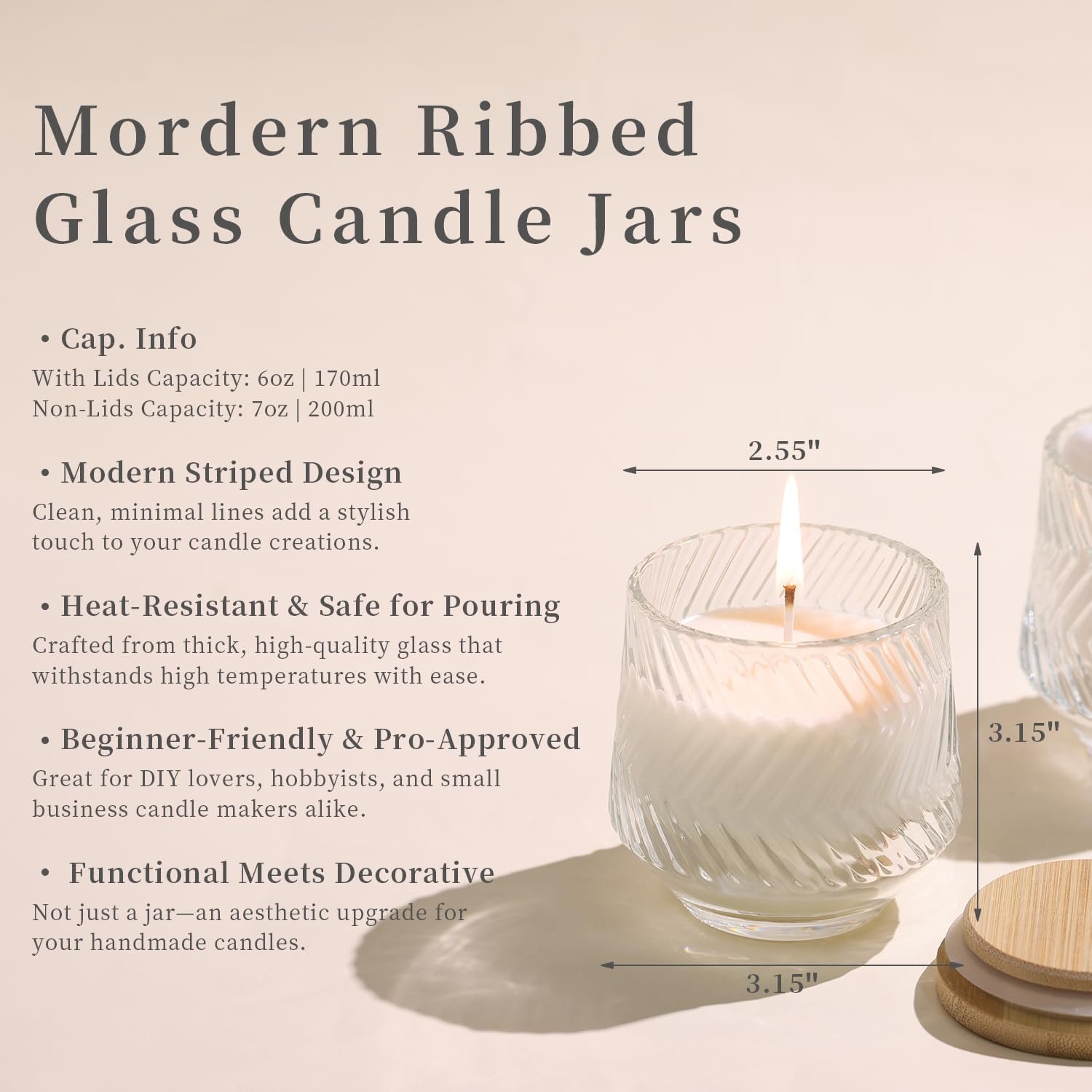 Lamorgift 8 pcs 7 oz pink candle jars for making candles ribbed unique candle jars glass jars with bamboo lids and label 2