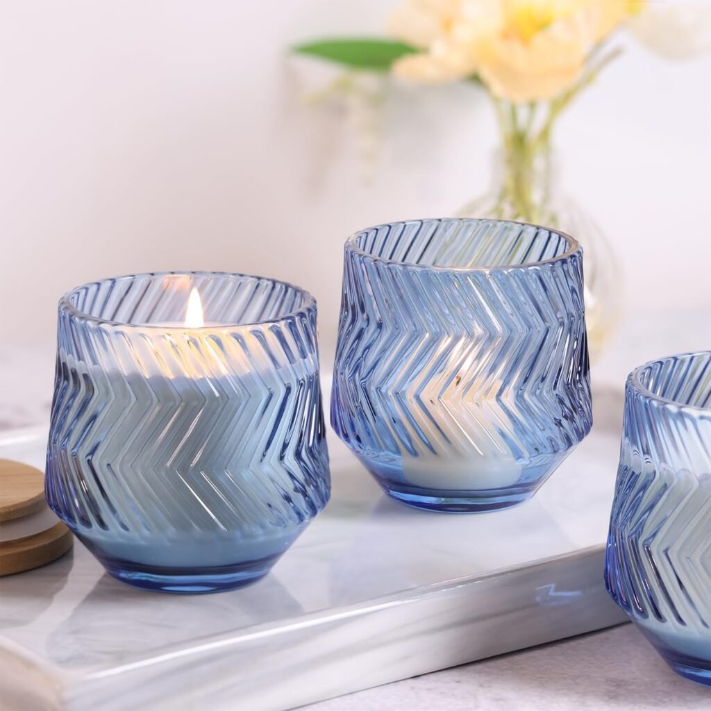 LAMORGIFT 8 Pcs 7 OZ Pink Candle Jars for Making Candles, Ribbed Unique Candle Jars, Glass Jars with Bamboo Lids and Labels for Candle Making Supplies, Container, Pink Table Decor