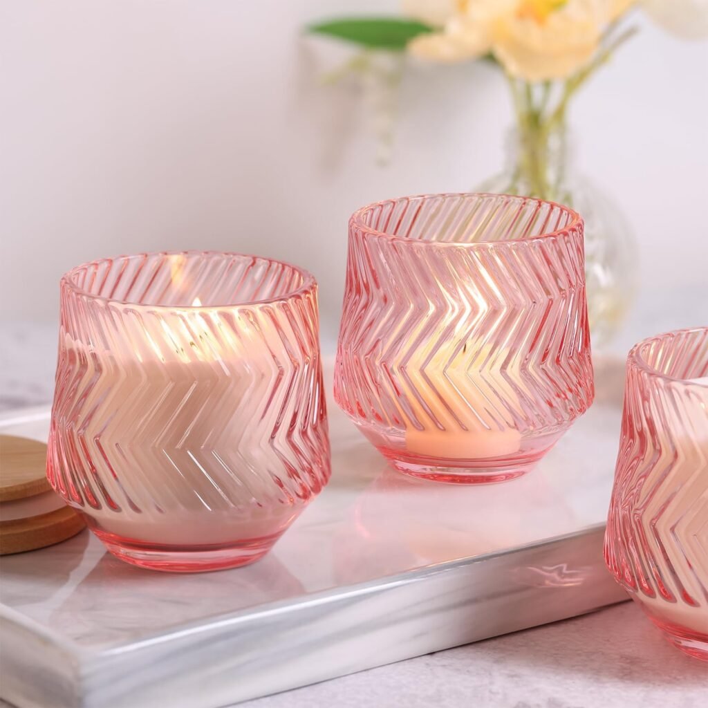 LAMORGIFT 8 Pcs 7 OZ Pink Candle Jars for Making Candles, Ribbed Unique Candle Jars, Glass Jars with Bamboo Lids and Labels for Candle Making Supplies, Container, Pink Table Decor