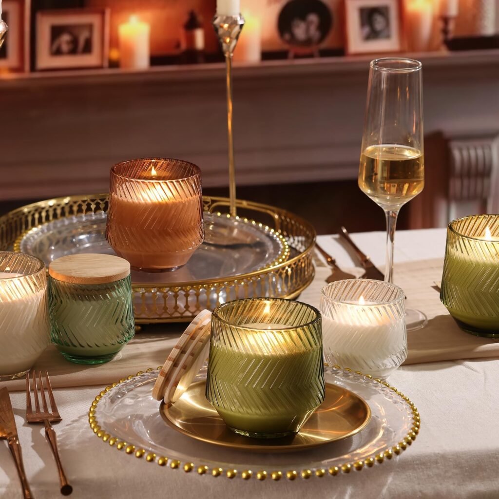 LAMORGIFT 8 Pcs 7 OZ Pink Candle Jars for Making Candles, Ribbed Unique Candle Jars, Glass Jars with Bamboo Lids and Labels for Candle Making Supplies, Container, Pink Table Decor