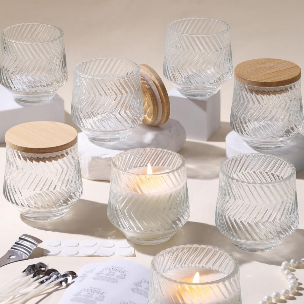 LAMORGIFT 8 Pcs 7 OZ Pink Candle Jars for Making Candles, Ribbed Unique Candle Jars, Glass Jars with Bamboo Lids and Labels for Candle Making Supplies, Container, Pink Table Decor