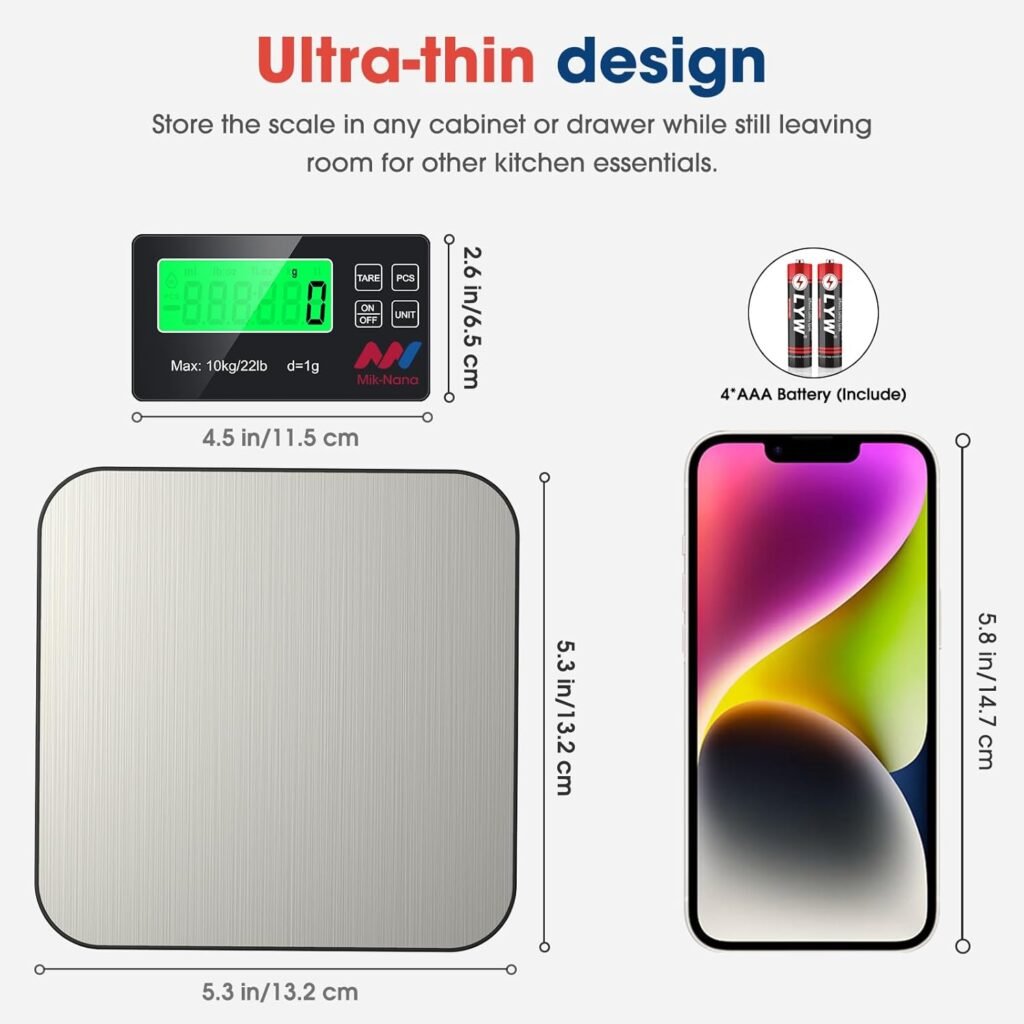 Mik-Nana Food Scale, 22lb Digital Kitchen Scale with 7 Units Wireless LCD Display Tare Function, Stainless Steel Weight Grams and Ounces for Baking, Cooking and Meal Prep (Batteries Included)