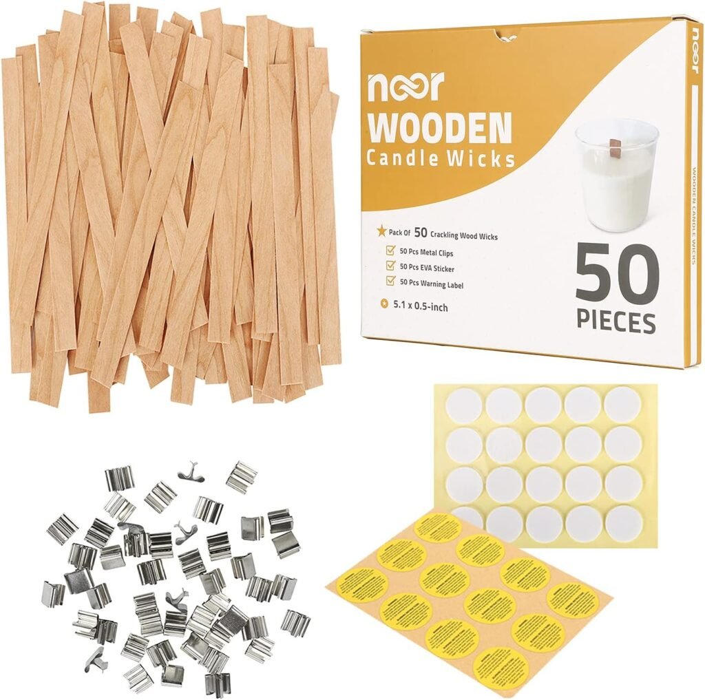 NOOR 50 Wooden Wicks for Candle Making - Double Layer Crackling Wood Wicks with Metal Clips - Smokeless, Eco-Friendly, Ideal for Soy Wax  DIY Candle Projects