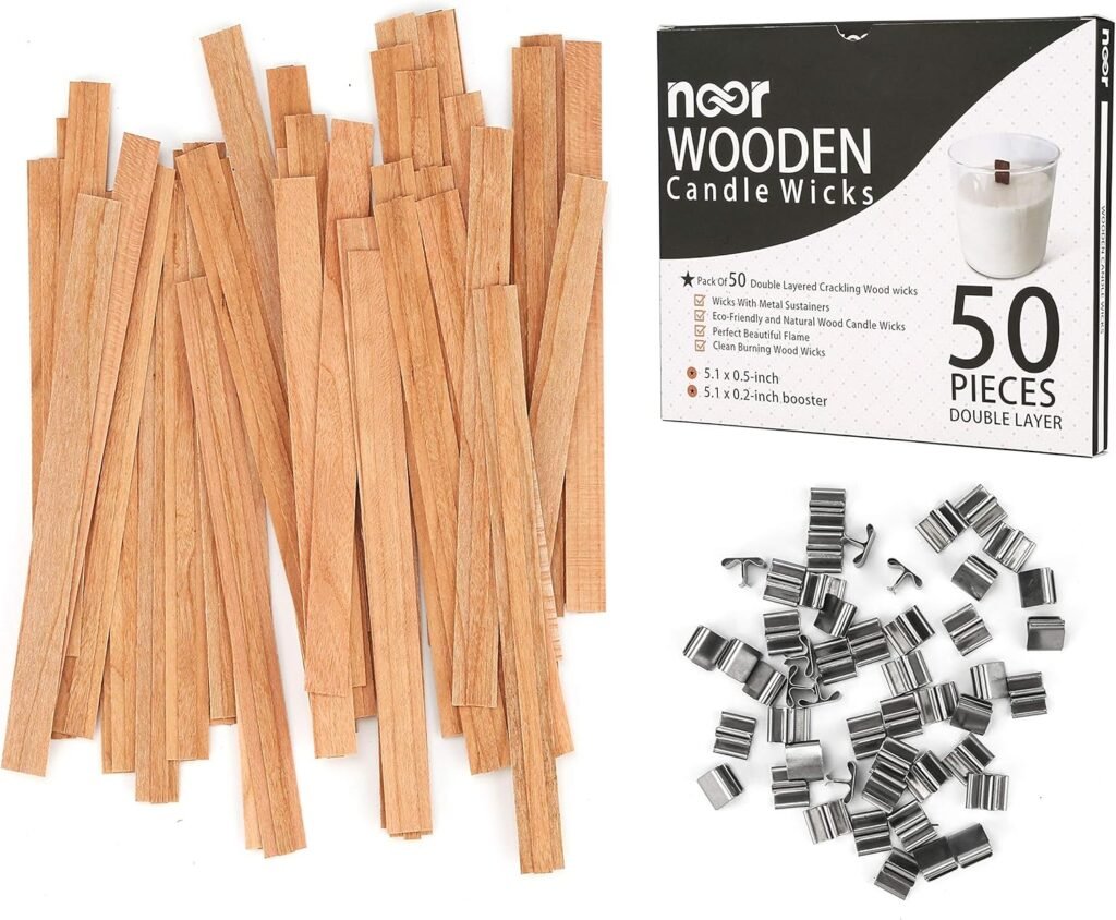 NOOR 50 Wooden Wicks for Candle Making - Double Layer Crackling Wood Wicks with Metal Clips - Smokeless, Eco-Friendly, Ideal for Soy Wax  DIY Candle Projects
