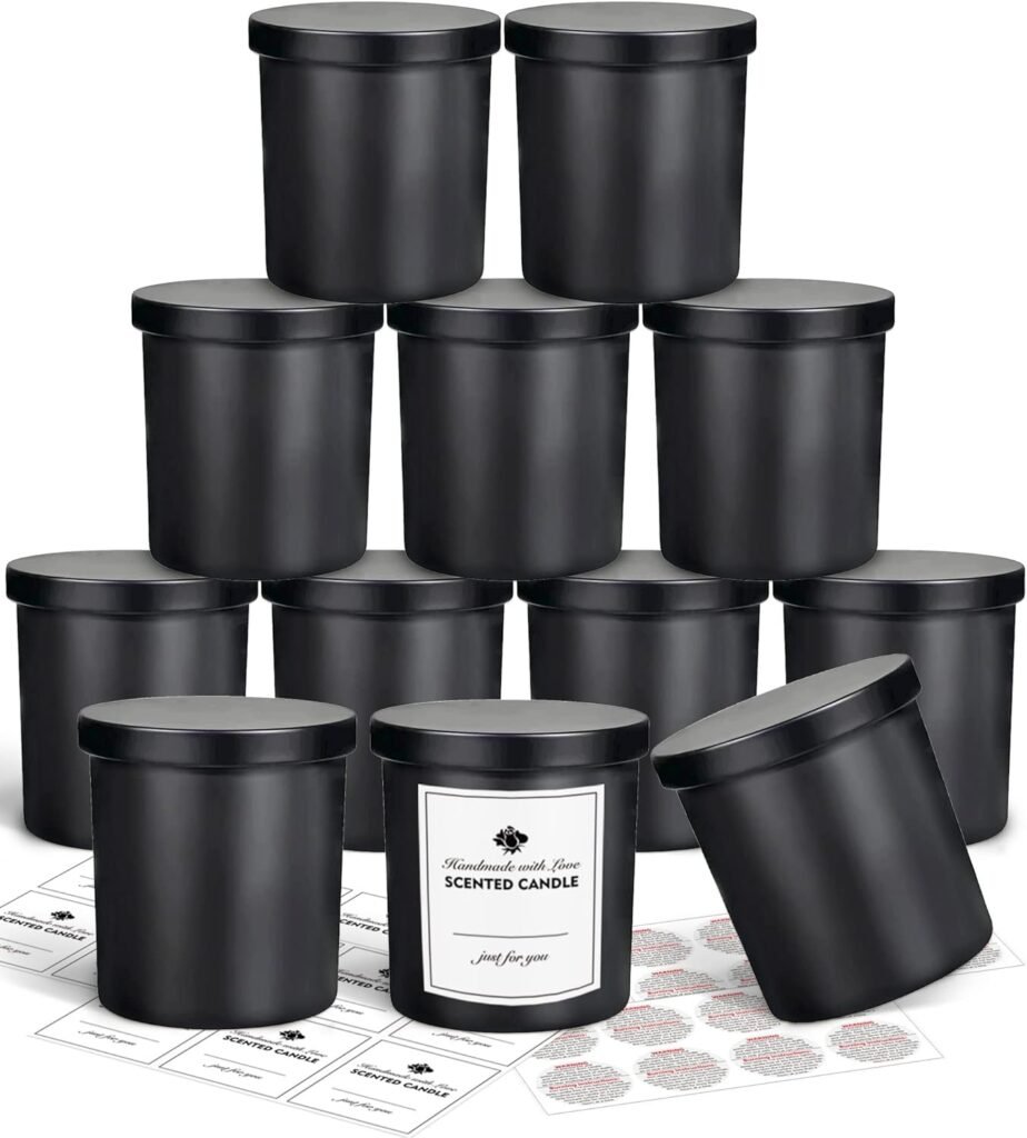 SUPMIND 12 Pack 10oz Glass Candle Jars with Lids and Sticky Labels, Empty Candle Jars for Making Candles Bulk Containers(Matte Black)
