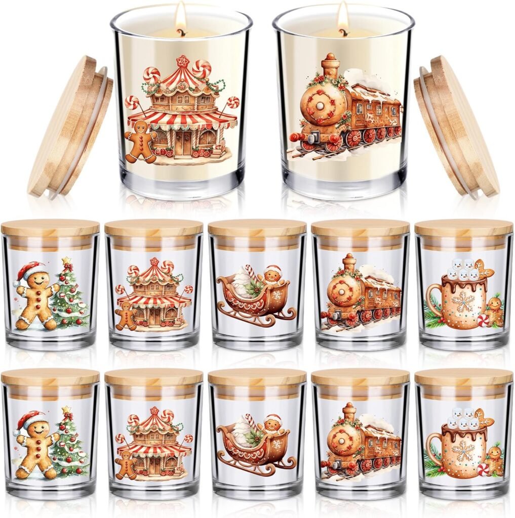 Ziliny 10 Pcs Gingerbread Man Christmas Glass Candle Jars Empty Containers Bulk 7 oz Glass Jars with Cork Lids Tins for Xmas Holiday Candle Making Storing Biscuits Tea Party Favors