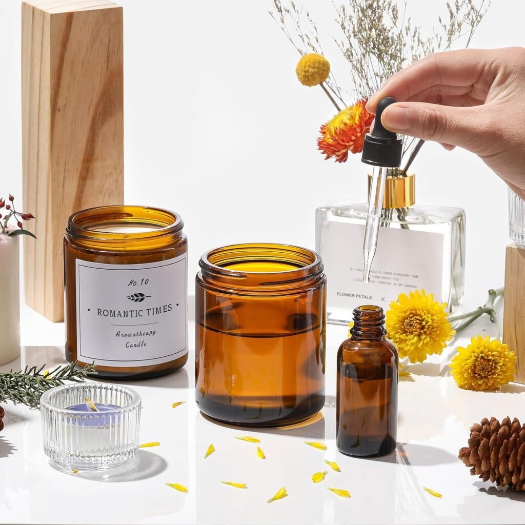 24 Pack, 8 OZ Thick Amber Candle Jars for Making Candle - Round Glass Jars with Lids - Empty Food Storage Containers, Canning/Mason Jar For Spice, Powder, Liquid, Sample - Leakproof  Food Grade