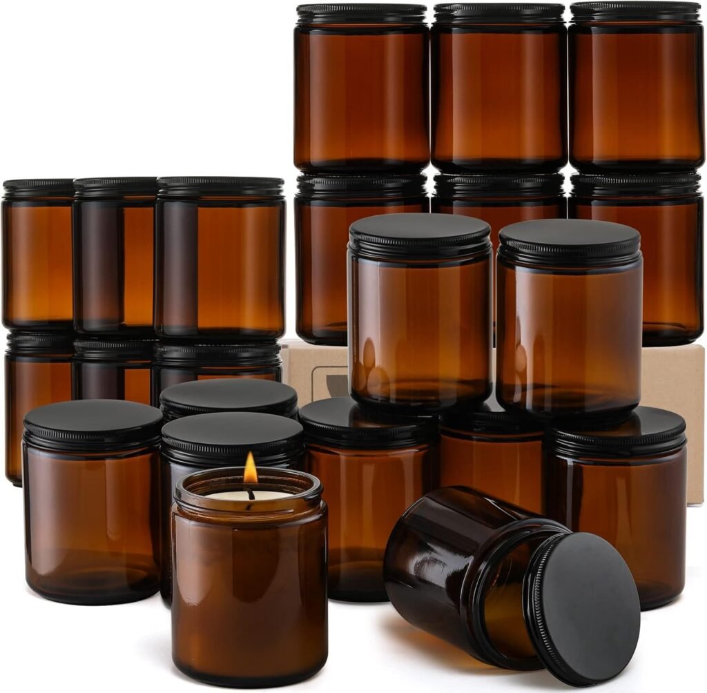 24 Pack, 8 OZ Thick Amber Candle Jars for Making Candle - Round Glass Jars with Lids - Empty Food Storage Containers, Canning/Mason Jar For Spice, Powder, Liquid, Sample - Leakproof  Food Grade