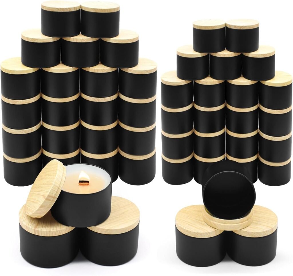 48-Pack Candle Jars, 24pcs 8oz + 24pcs 4oz Candle tins with Metal Wood-Grain Printing Lids, Empty Candle Jars for Making Candles Bulk Candle Containers-Black 48-Pack Candle Jars, 24pcs 8oz + 24pcs 4oz Candle tins with Metal Wood-Grain Printing Lids, Empty Candle Jars for Making Candles Bulk Candle Containers-Black