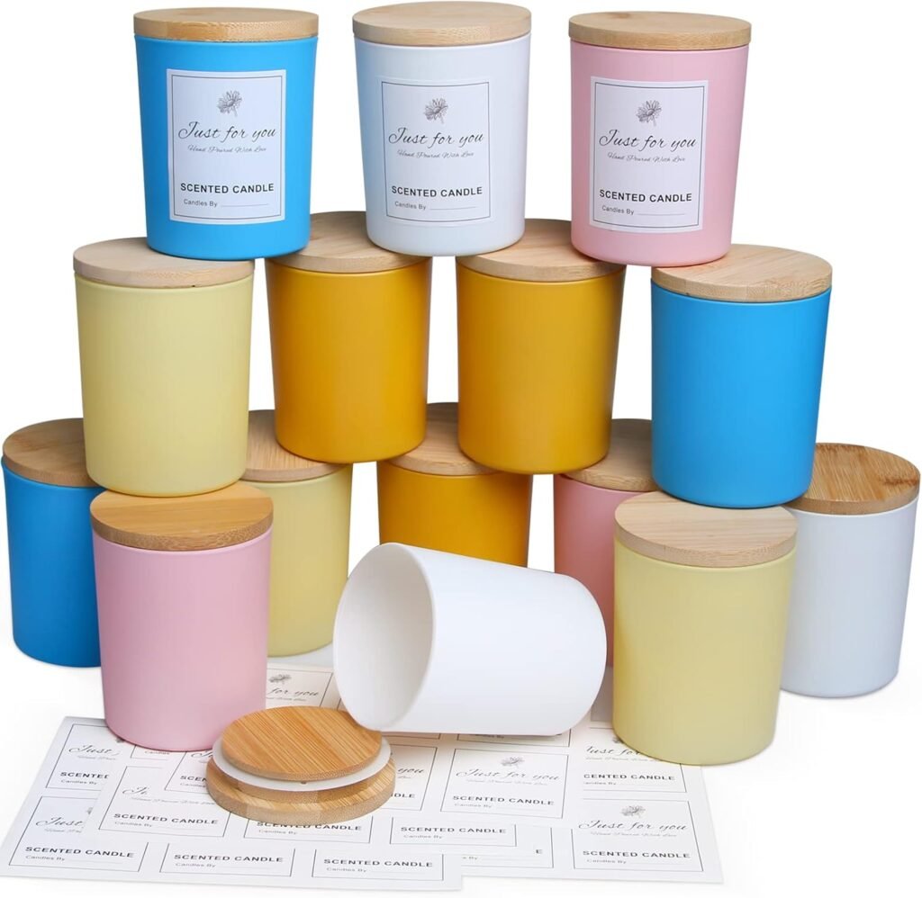 CONNOO 15 Pack Colorful Glass Candle Jars with Bamboo Lids for Making Candles, 7 oz Empty Candle Tins with Wooden Lids, Bulk Clean Candle Containers - Dishwasher Safe CONNOO 15 Pack Colorful Glass Candle Jars with Bamboo Lids for Making Candles, 7 oz Empty Candle Tins with Wooden Lids, Bulk Clean Candle Containers - Dishwasher Safe