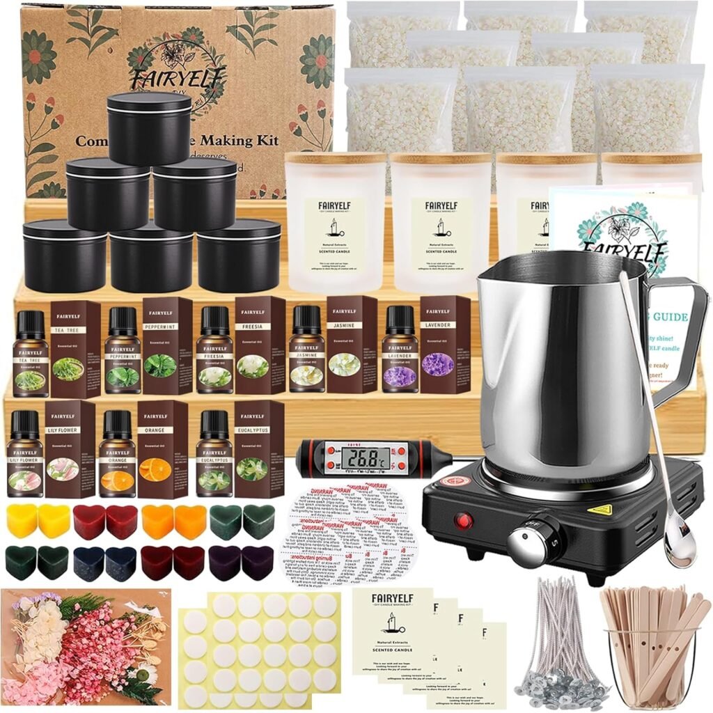 FAIRYELF Complete Candle Making Kit with Wax Melter, DIY Candle Craft Tools for Adults, Candle Art  Craft Kit Candle Making Supplies with Melting Pot, Soy Wax, Dyes Etc - Starter Candle Making Kit