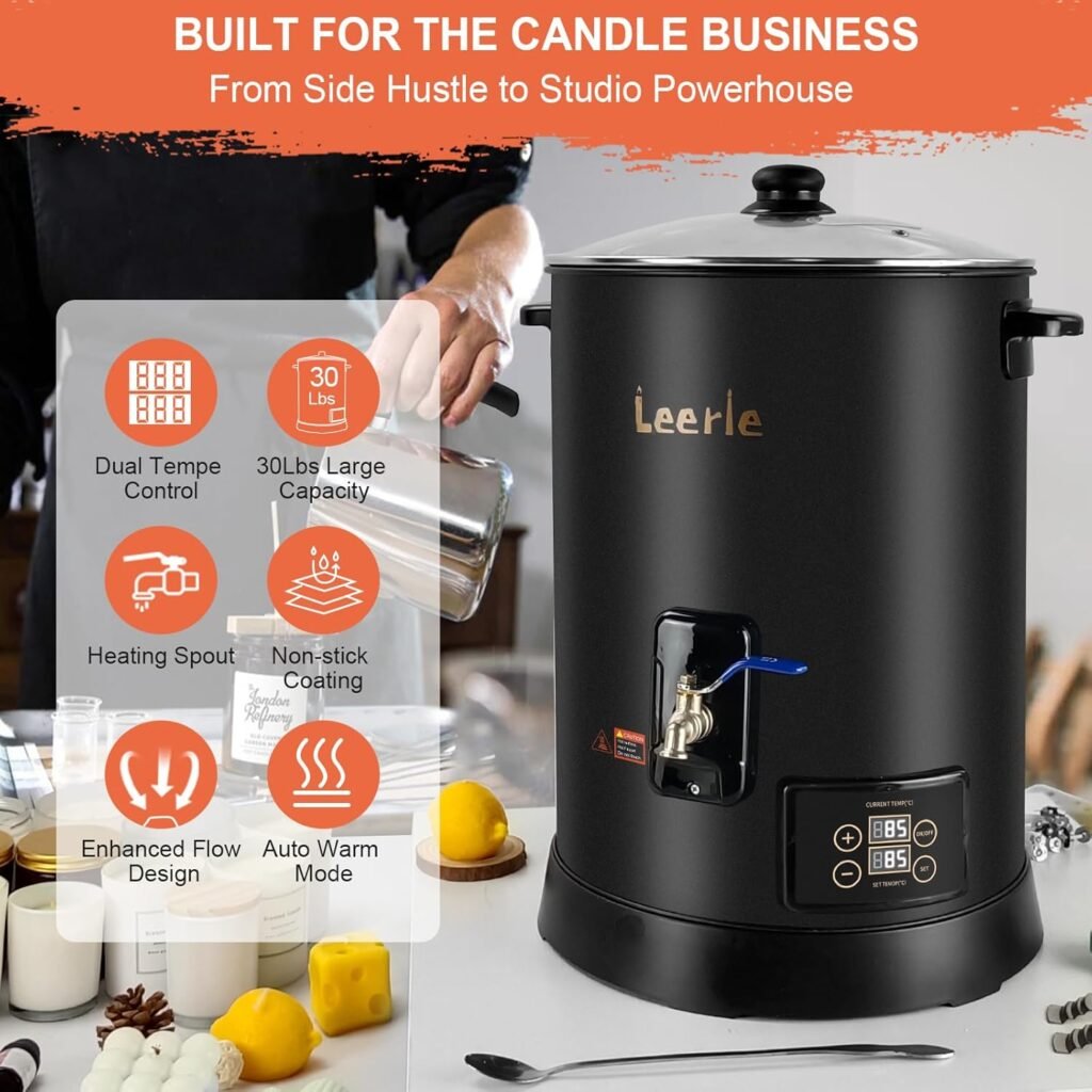 Leerie 30Lbs Digital Commercial Wax Melter for Candle Making - D15 Large Candle Wax Melting Pot with Accurate Temperature Control  Holds 30Lbs Melted Wax for Candle Making Business
