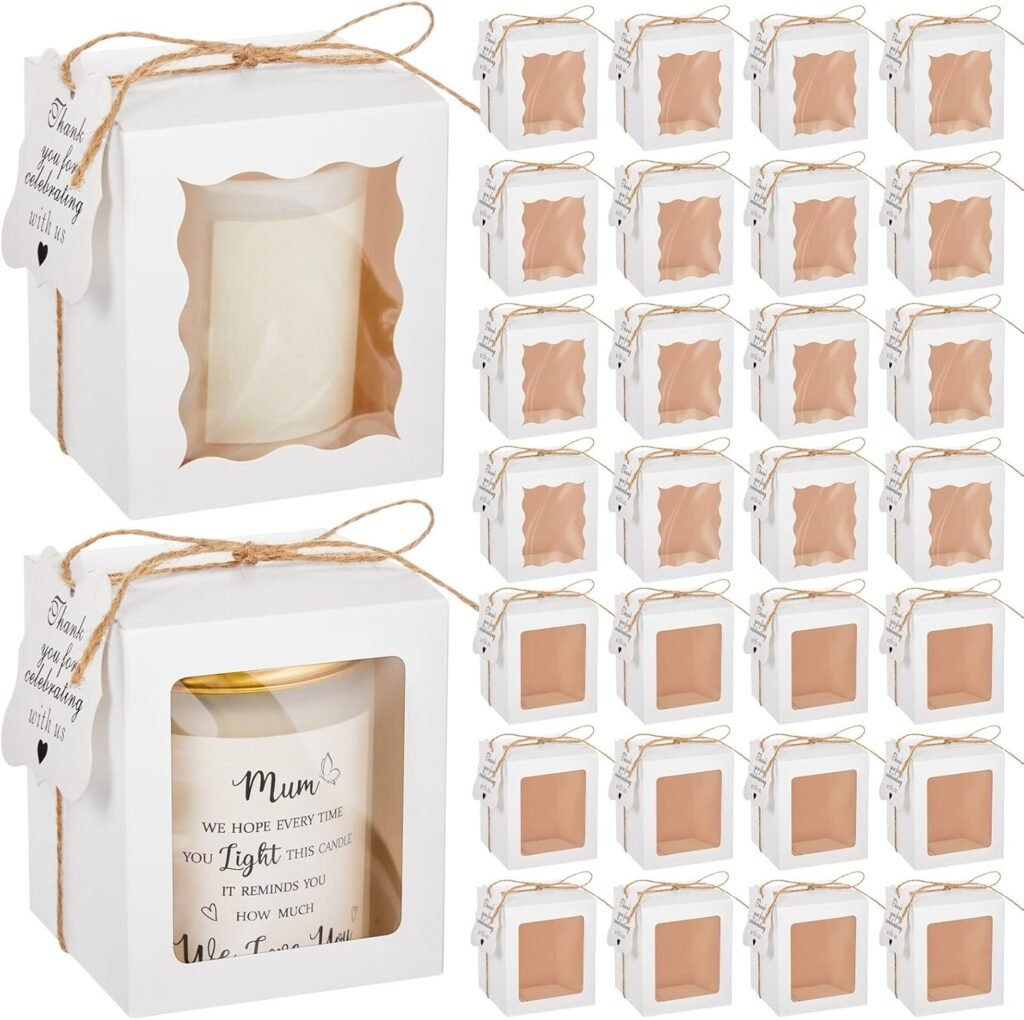 ReliThick 50 Set Candle Gift Box Transparent Gift Packaging Box for 4-10 oz Candles 50 Paper Thank You Tag Bundle Hemp Rope for Wedding Birthday Baby Shower Party Favor, 3.35x3.35x3.94 in(White)