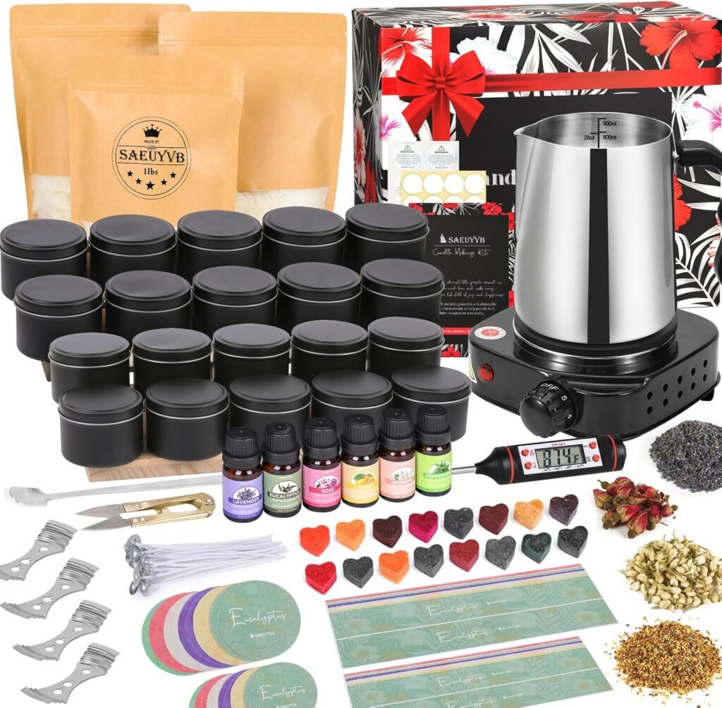SAEUYVB Candle Making Kit, Candle Making Kit for Adults - DIY Starter Soy Candle Making Supplies-Including Soy Wax,Electric Stove,Melting Pot,Candle Wicks,Rich Scents,Stickers,Etc