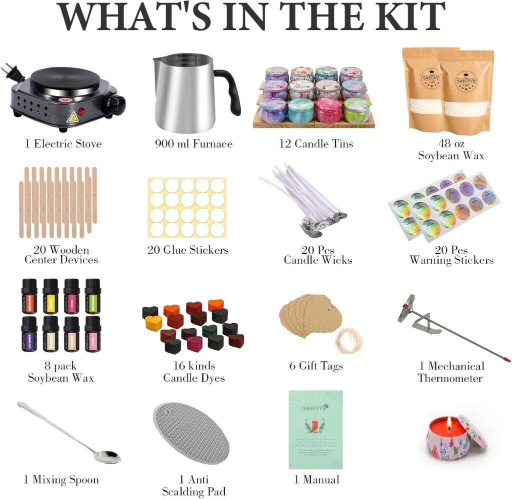 SAEUYVB Candle Making Kit, Candle Making Kit for Adults - DIY Starter Soy Candle Making Supplies-Including Soy Wax,Electric Stove,Melting Pot,Candle Wicks,Rich Scents,Stickers,Etc