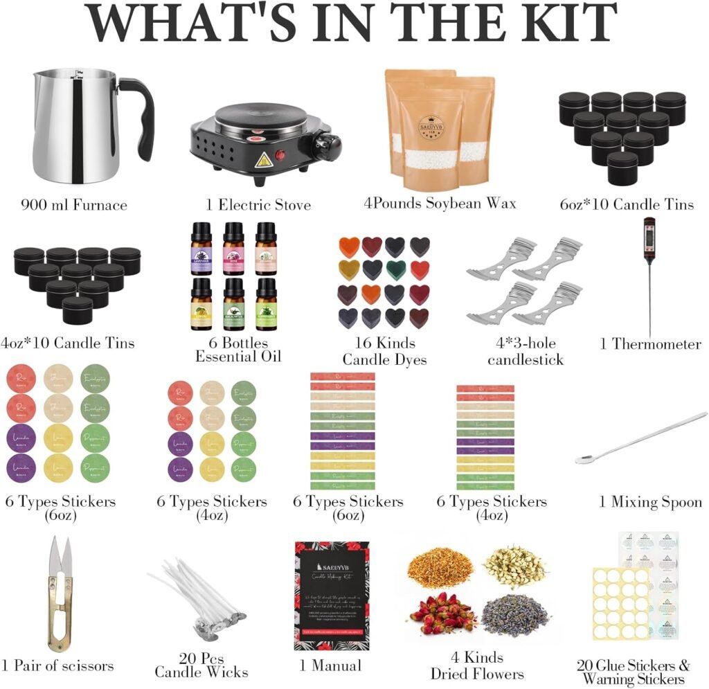 SAEUYVB Candle Making Kit, Candle Making Kit for Adults - DIY Starter Soy Candle Making Supplies-Including Soy Wax,Electric Stove,Melting Pot,Candle Wicks,Rich Scents,Stickers,Etc