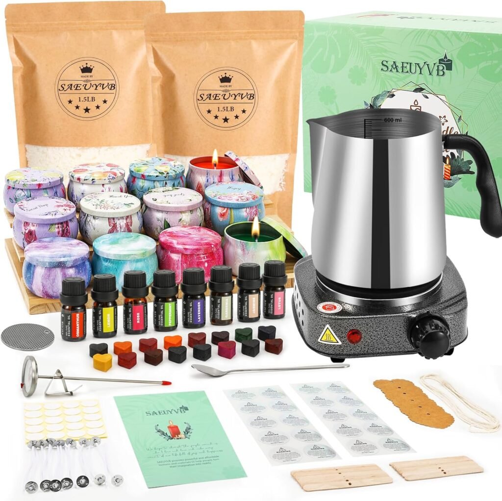 SAEUYVB Candle Making Kit, Candle Making Kit for Adults - DIY Starter Soy Candle Making Supplies-Including Soy Wax,Electric Stove,Melting Pot,Candle Wicks,Rich Scents,Stickers,Etc