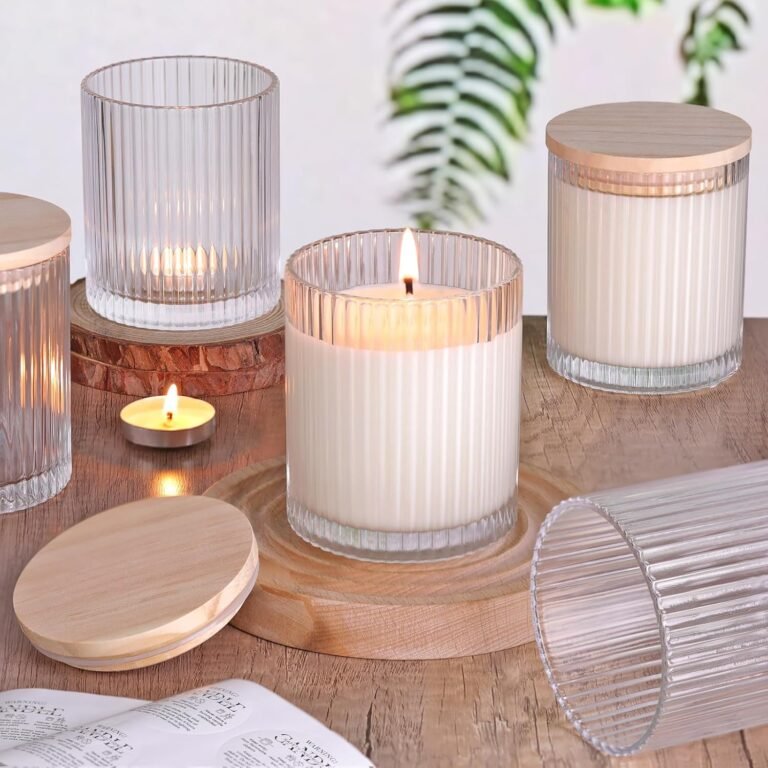 Sunnyfuture 10 oz clear candle jars for making candles set of 8 ribbed glass candle jars with wood lids and labels candl