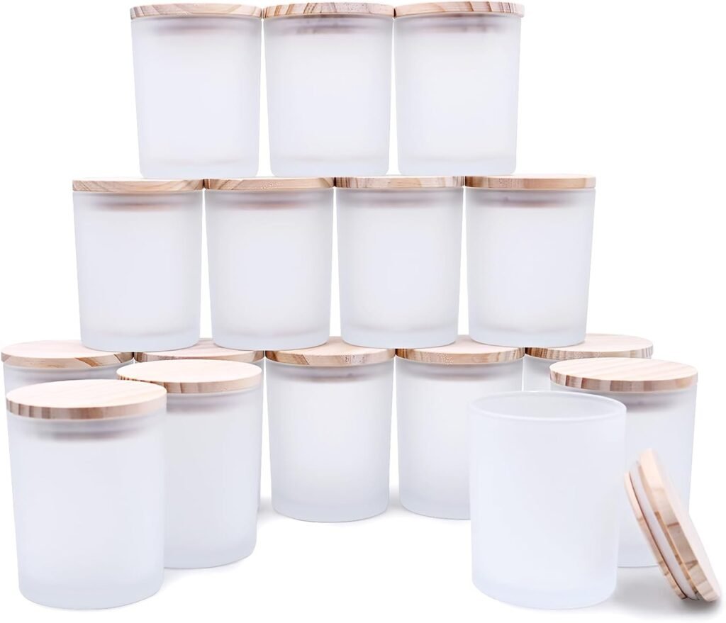 Thick Candle Jars for Making Candles 16 Pcs, 7 OZ Empty Jars with Wood Lids for Candle Making, Sample Container, Frosted White