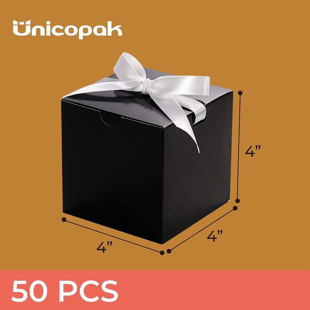 UnicoPak 50 Pack 4x4x4 Black Gift Boxes, Elegant Small Gift Boxes with Lids for Birthday Party Wedding Holiday Christmas, Gift Box for Ornaments Treats Candle Mug Crafting