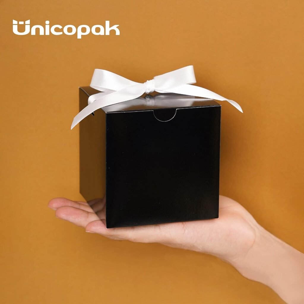 UnicoPak 50 Pack 4x4x4 Black Gift Boxes, Elegant Small Gift Boxes with Lids for Birthday Party Wedding Holiday Christmas, Gift Box for Ornaments Treats Candle Mug Crafting