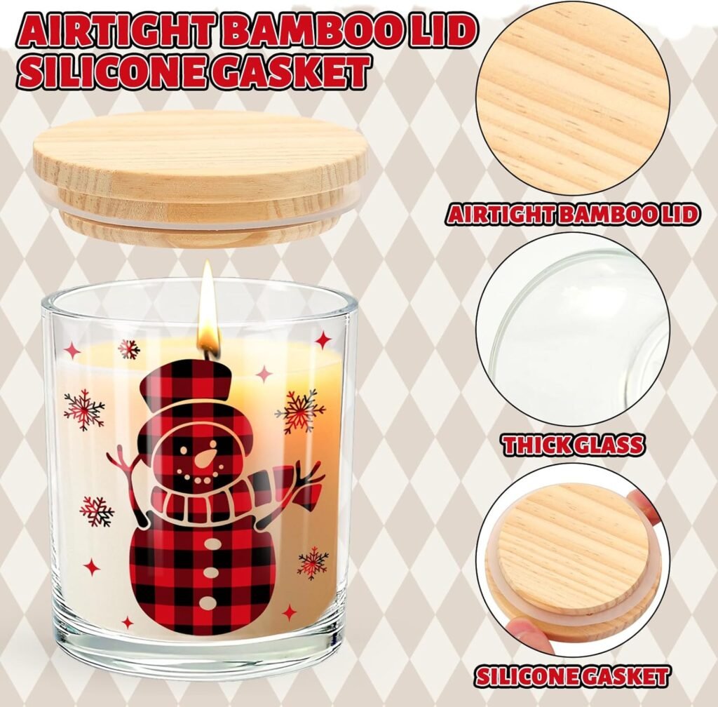 Whaline 10 Pcs Christmas Glass Candle Jars Plaids Xmas Tree Snowman Snowflake Empty Container Clear Glass Jars with Cork Lids for Candle Making Storing Biscuits Winter Holiday Party Decor
