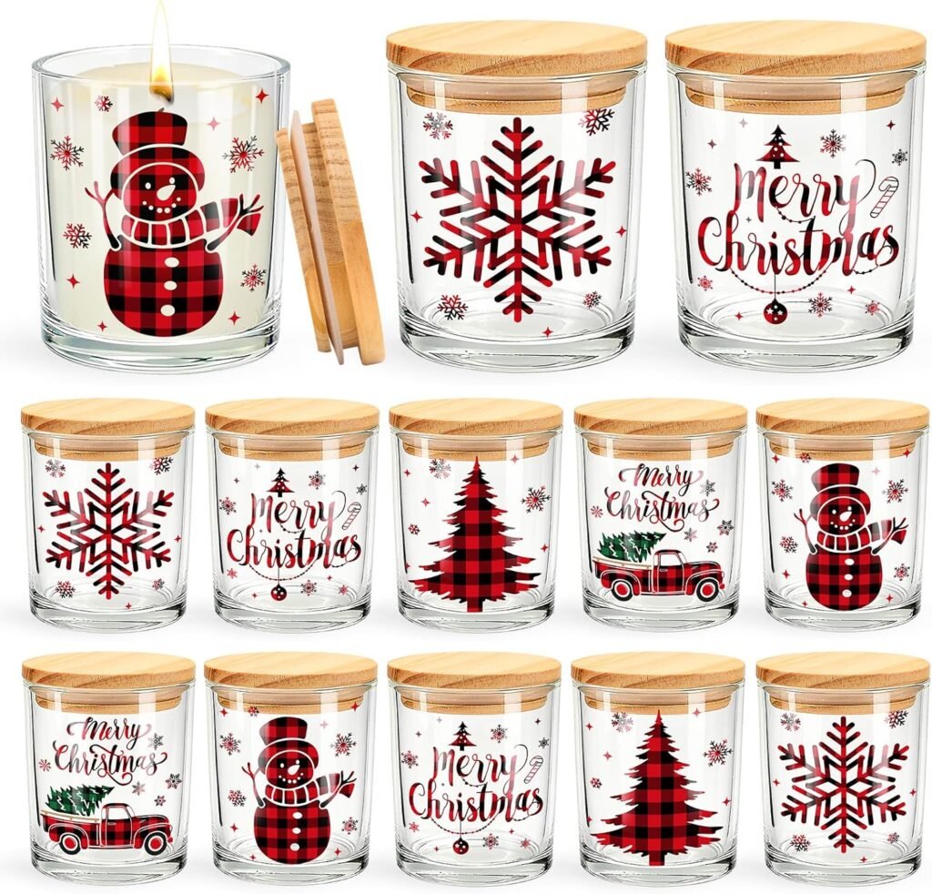 Whaline 10 Pcs Christmas Glass Candle Jars Plaids Xmas Tree Snowman Snowflake Empty Container Clear Glass Jars with Cork Lids for Candle Making Storing Biscuits Winter Holiday Party Decor